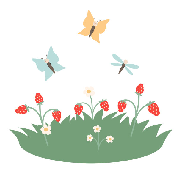 春夏的风景有草莓和蝴蝶。平面矢量图图片下载