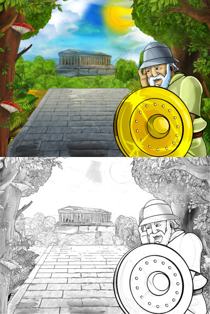 卡通场景与罗马或希腊古代字符附近的一些古建筑，如寺庙在通往城市的道路插图儿童图片下载