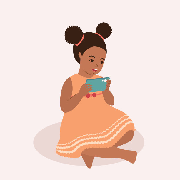 黑人小女孩用手机看动画片。图片下载