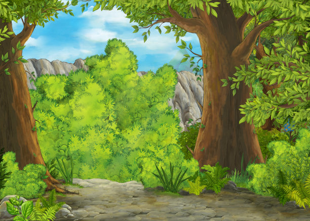 卡通场景与山山谷附近的森林与王子和公主图片下载