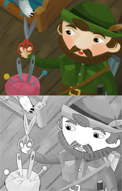 卡通场景与猎人森林人在农场的房子与裁剪工具插图的孩子图片下载