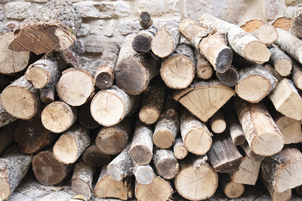 一堆木头靠着一堵古老的砖墙图片下载