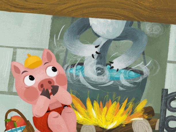 卡通场景与猪和狼在厨房附近的炉边壁炉插图的孩子图片下载