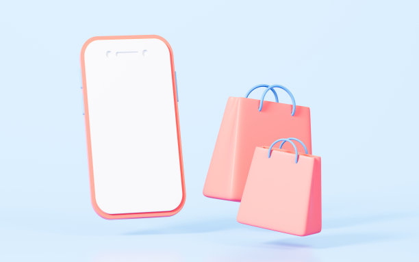 购物袋和手机以蓝色为背景，网上购物概念，3d渲染。图片下载