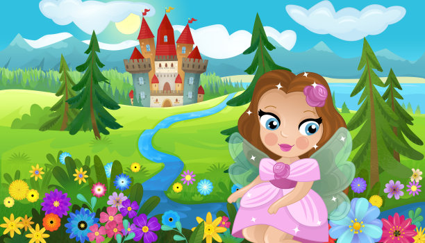 卡通场景与自然森林公主和城堡图片下载