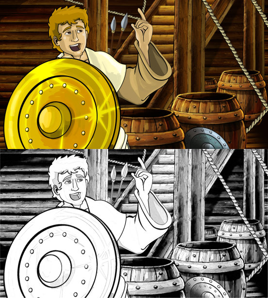 卡通场景与罗马或希腊古代人物在木船舱内与儿童金色盾牌插图图片下载