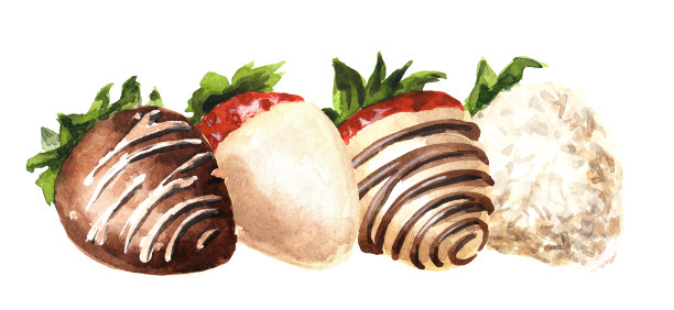 甜草莓浸在白巧克力和牛奶巧克力中。手绘水彩插图，孤立在白色背景上图片下载