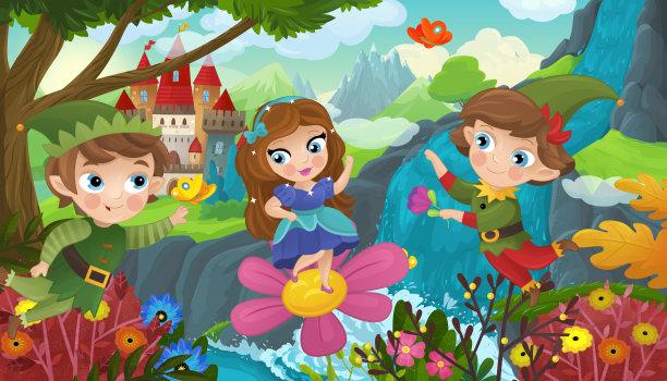 瀑布和城堡附近的自然森林可爱的小精灵卡通场景图片下载