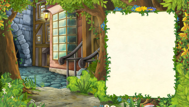 带有中世纪城市街道的卡通自然场景-儿童插图图片下载