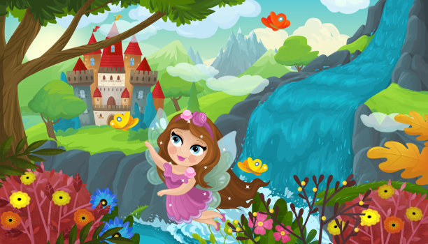 瀑布和城堡附近的自然森林可爱的小精灵卡通场景图片下载