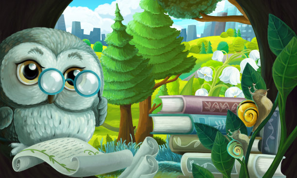 卡通场景聪明的猫头鹰在树上与房子图书城图片下载