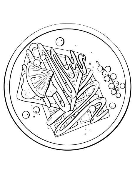 轮廓线插图素描食品和饮料早餐平铺华夫饼与浆果和巧克力时尚的印刷和贴纸设计元素图片下载