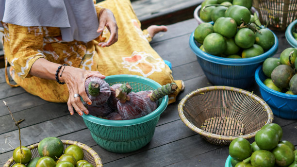 在河边的房子里，班贾尔妇女正在把水果装进篮子里图片下载