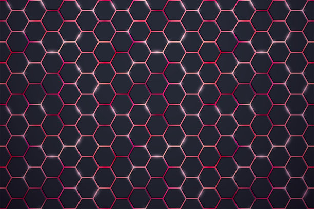 抽象的黑色六边形瓷砖图案水平背景与闪亮的耀斑上的红色。现代技术发光细胞纹理。矢量发光游戏六边形背景图片下载