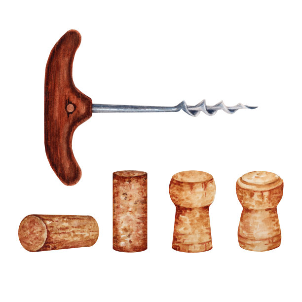 开瓶器和葡萄酒瓶塞孤立在白色背景。一幅手绘水彩插图，是葡萄酒收藏集的一部分。图片下载