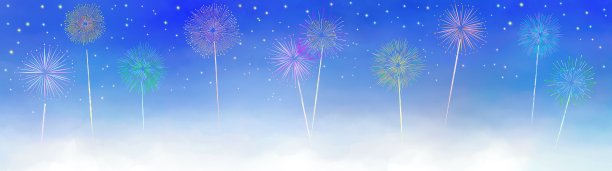 一个可爱的水彩风格的烟花全景插图。图片下载