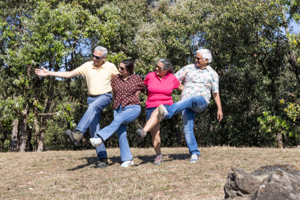 一群快乐的老年人在山上野餐时玩得很开心。图片下载
