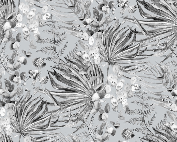 无缝水彩黑白图案与优雅的草药和花卉图片下载