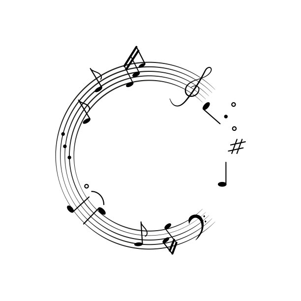 音乐背景涂鸦音符为圆框。向量插图与旋律符号，音符，高音谱号在白色背景上的黑色设计装饰。图片下载