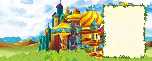 卡通场景与山，山谷附近的森林和城堡与框架文字插图的孩子图片下载