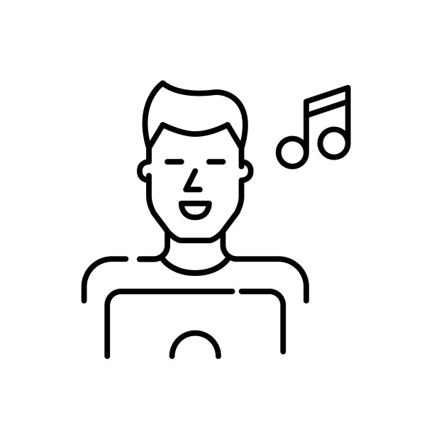 微笑的年轻人在笔记本电脑前听音乐或播客。像素完美，可编辑的笔触图片下载