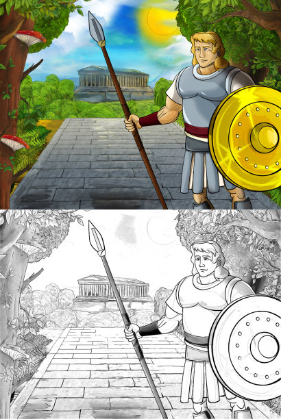 卡通场景与罗马或希腊古代字符附近的一些古建筑，如寺庙在通往城市的道路插图儿童图片下载