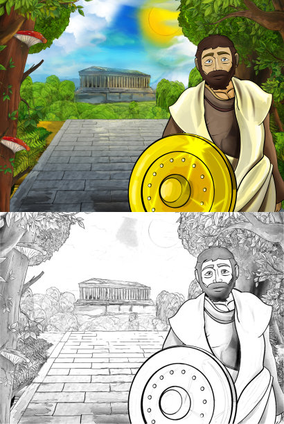 卡通场景与罗马或希腊古代字符附近的一些古建筑，如寺庙在通往城市的道路插图儿童图片下载