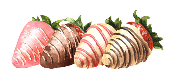 甜草莓浸在白巧克力和牛奶巧克力中。手绘水彩插图，孤立在白色背景上图片下载