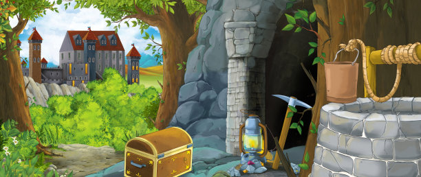 森林中的卡通场景，背景是隐藏的老矿井和城堡王国的入口-儿童插图图片下载