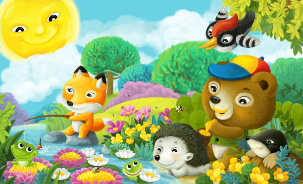 卡通场景森林动物朋友钓鱼插图图片下载
