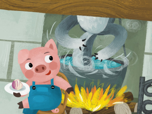 卡通场景与猪和狼在厨房附近的炉边壁炉插图的孩子图片下载