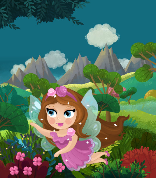 卡通快乐的童话场景与自然森林和有趣的小精灵图片下载