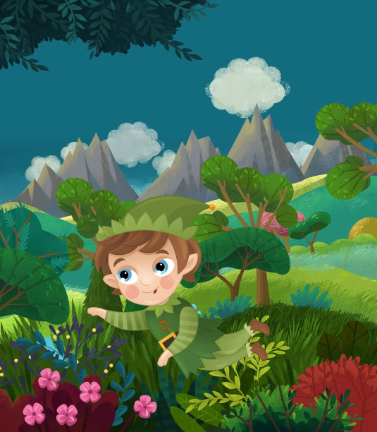 卡通快乐的童话场景与自然森林和有趣的小精灵图片下载