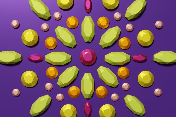 3d渲染美丽的彩色宝石曼陀罗图案在紫色的背景图片下载