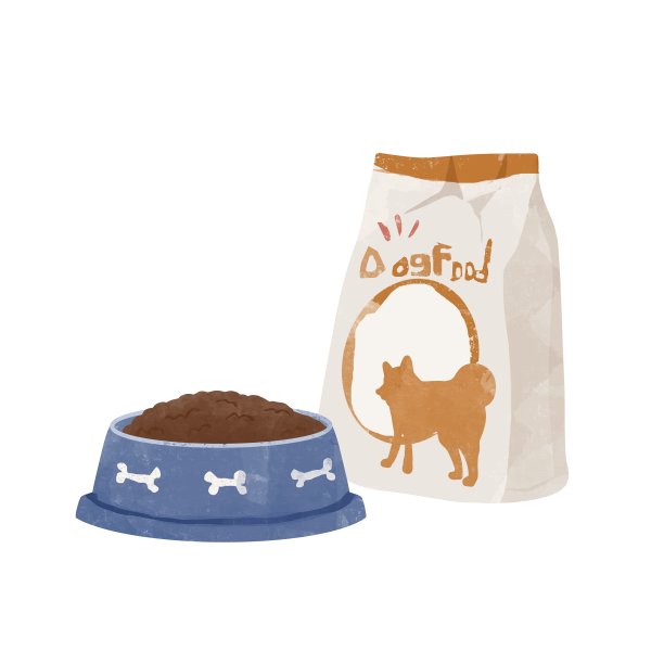 一盘狗粮和狗粮的包装材料。图片下载
