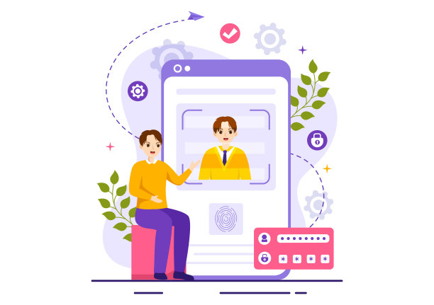 人脸识别系统中包含照片、文件和信息的身份证识别矢量图平面卡通手绘模板图片下载