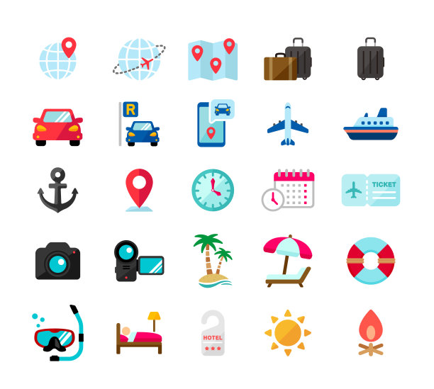 旅游图标集矢量插图图片下载