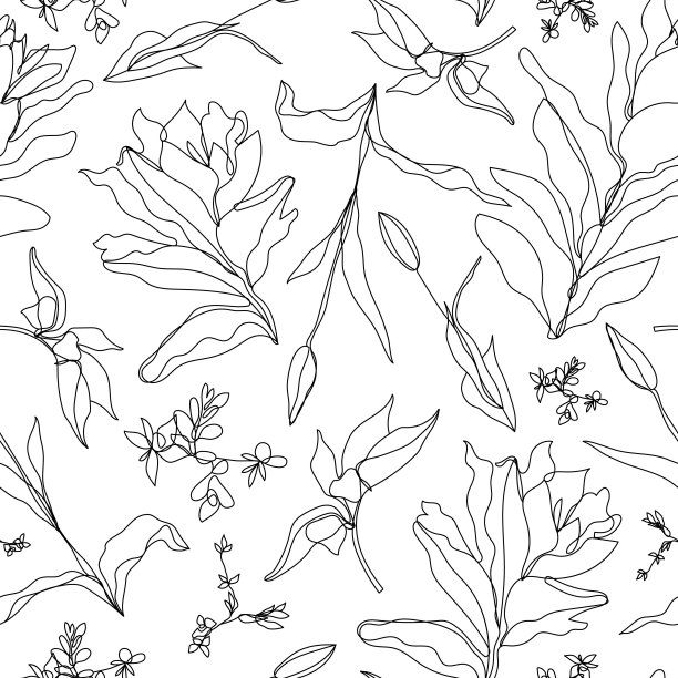 矢量花线性无缝背景，郁金香和叶子。一、连续线条图案，手绘风格。单一险种涂鸦。图片下载