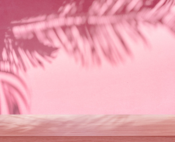 模糊的阴影热带棕榈叶在粉红色的墙壁和桌面在前景。夏天的概念。图片下载