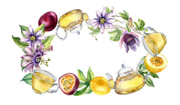 玻璃茶壶和杯子的框架，西番莲，茎水彩插图孤立在白色。花草茶，保健饮料，马拉库贾，手绘花。设计包装，菜单，包装，花环图片下载