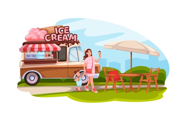 冰淇淋车和快乐的家庭成员图片下载