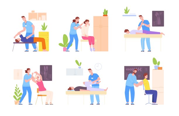 整骨疗法家治疗。整骨按摩，整脊理疗或手工疗法调整和康复颈椎稳定手法，精彩的矢量说明图片下载