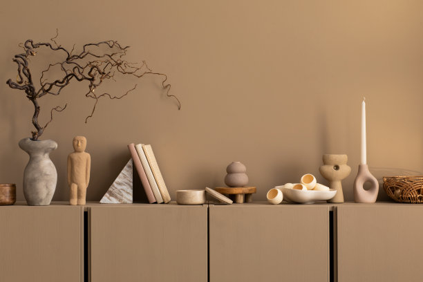 室内设计温馨舒适的客厅室内与复制空间，棕色餐具柜，灰色花瓶与树枝，书籍，棺材，时尚的雕塑，烛台与蜡烛和个人配件。家居装饰。模板。图片下载