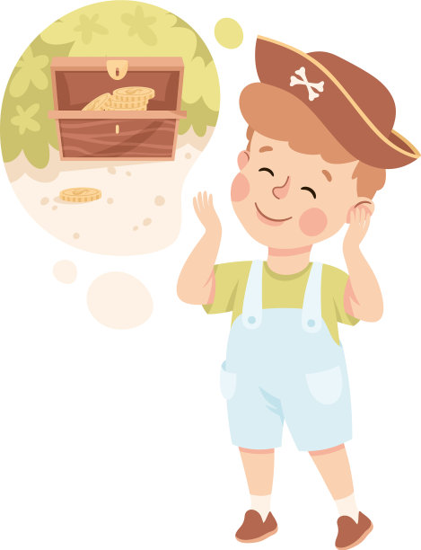 小男孩想象着海盗的宝箱图片下载