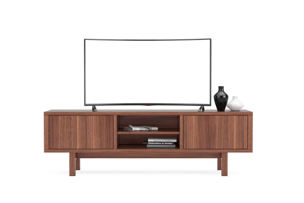 现代弯曲的Led或LCD智能电视屏幕模型上面的木制控制台架。3d渲染图片下载