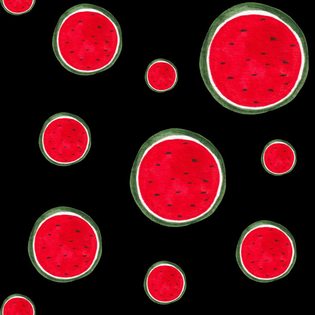 无缝图案与水彩圆块西瓜在一个黑色的背景图片下载