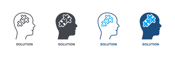 创意的想法，人的大脑和拼图片轮廓和线条图标集。益智在人的头解决象形图。头脑风暴智力过程符号收集。孤立矢量图图片下载