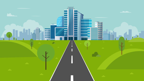 自然景观与城市景观背景矢量插图。以天空为背景的公园和城镇。地平线上通往城市建筑的道路图片下载