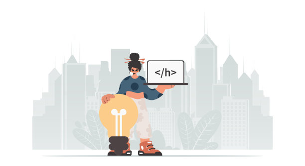 这位活泼的女士手里拿着一个带有编程图片的浏览器窗口，而且站在一个巨大的灯泡旁边。时尚的风格，矢量插图图片下载