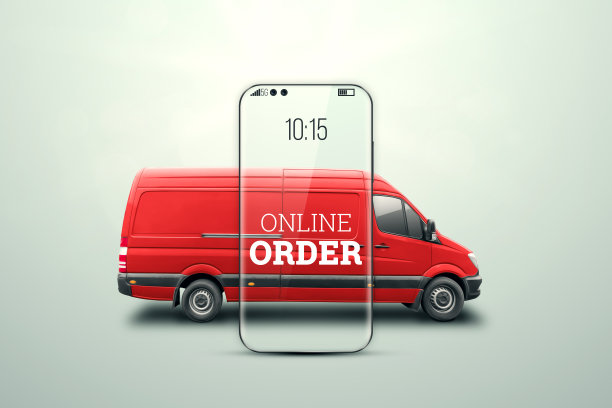 智能手机和红色小巴在浅色背景下。送货理念，网上订购，电话申请，搬家。汽车送货到任何地方。3D插图，3D渲染图片下载